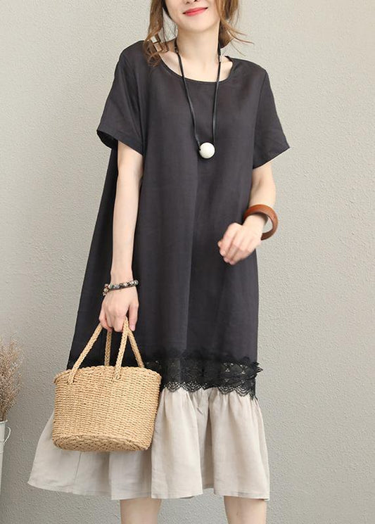 Women o neck patchwork linen summer dress Tunic Tops black Dresses - SooLinen