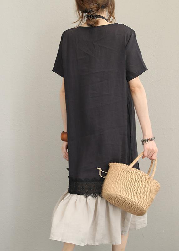Women o neck patchwork linen summer dress Tunic Tops black Dresses - SooLinen