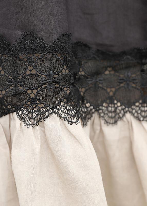 Women o neck patchwork linen summer dress Tunic Tops black Dresses - SooLinen