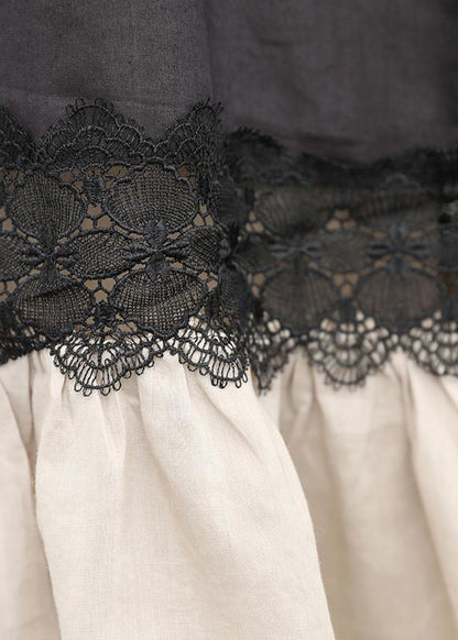 Women o neck patchwork linen summer dress Tunic Tops black Dresses - SooLinen