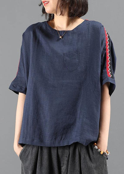 Women o neck patchwork summer tops navy Plus Size Clothing top - SooLinen