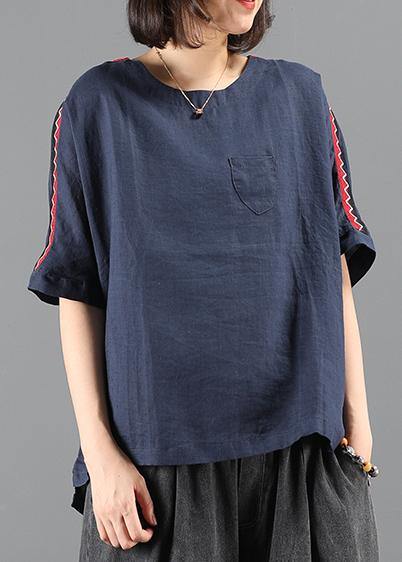 Women o neck patchwork summer tops navy Plus Size Clothing top - SooLinen