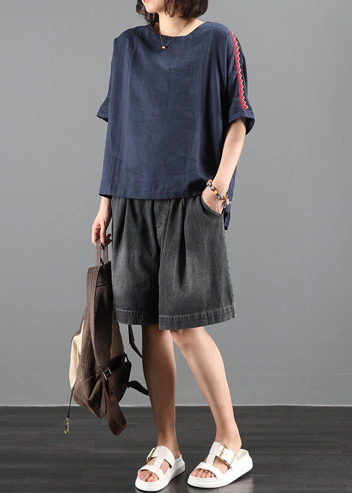 Women o neck patchwork summer tops navy Plus Size Clothing top - SooLinen