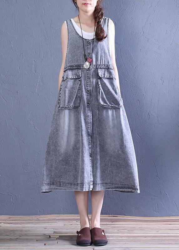 Women o neck pockets Cotton summer Tunics Tutorials denim blue Dresses - SooLinen