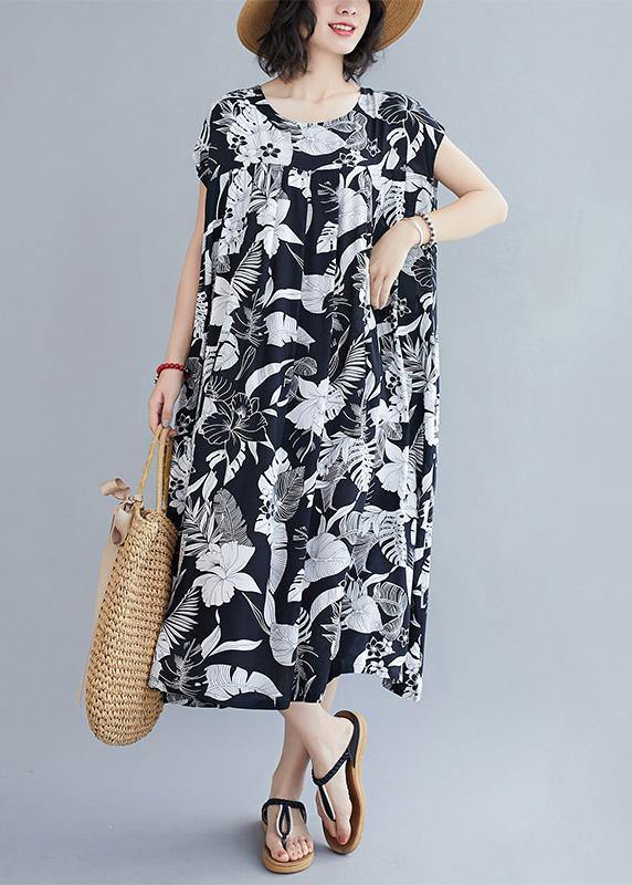 Women o neck pockets summer quilting dresses Runway black print Dress - SooLinen