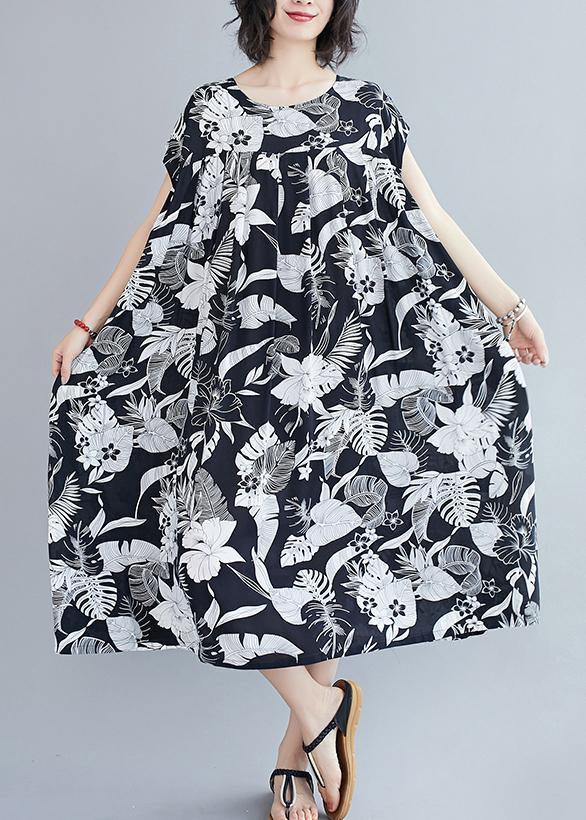 Women o neck pockets summer quilting dresses Runway black print Dress - SooLinen