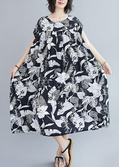 Women o neck pockets summer quilting dresses Runway black print Dress - SooLinen