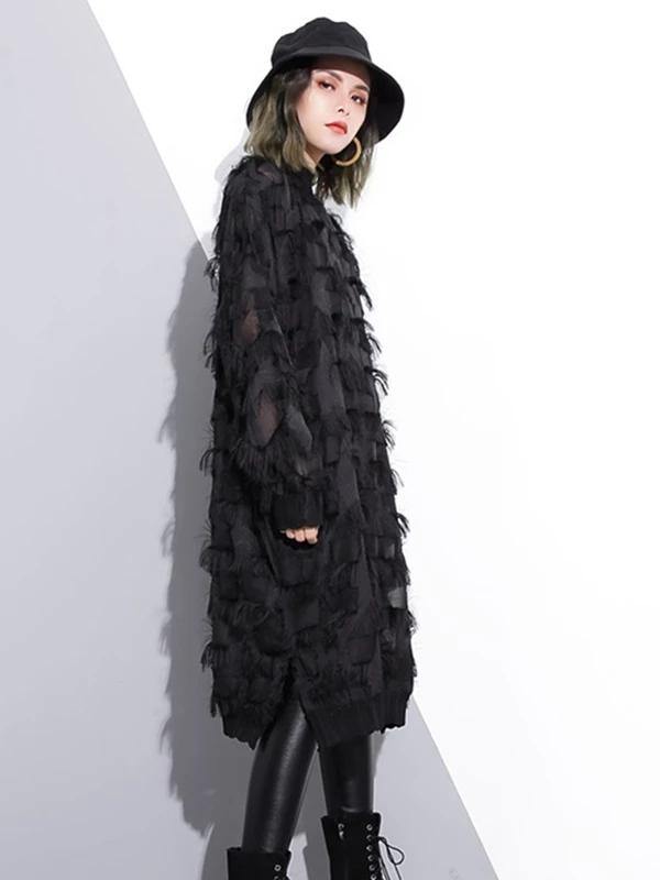 Women o neck tassel outfit Work Outfits black Dress - SooLinen