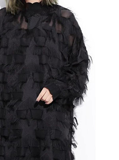 Women o neck tassel outfit Work Outfits black Dress - SooLinen