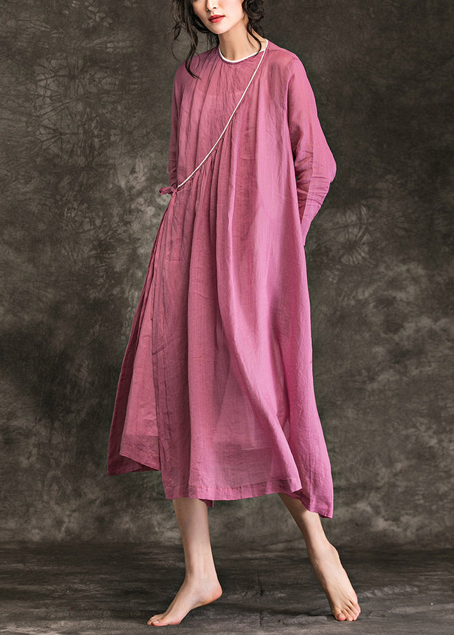 Frauen o neck krawatte taille leinen Lange Shirts Feine Shirts rosa Plus Größe Kleid Sommer