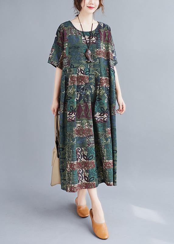 Women o neck Cinched clothes Catwalk green Plant printing Dress - SooLinen