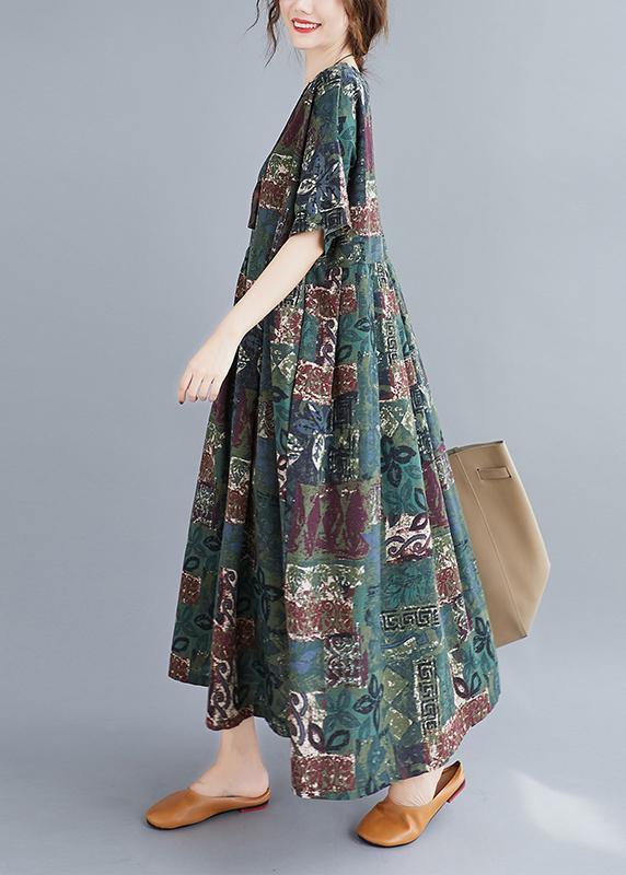 Women o neck Cinched clothes Catwalk green Plant printing Dress - SooLinen