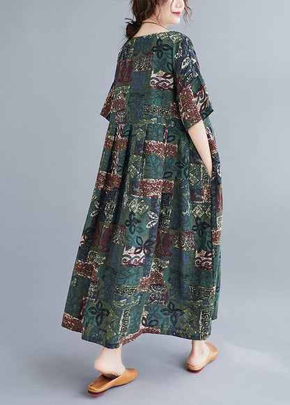 Women o neck Cinched clothes Catwalk green Plant printing Dress - SooLinen