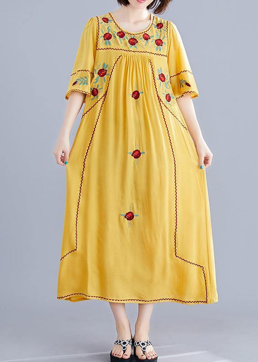 Women o neck Cinched cotton linen Robes Fabrics yellow embroidery Dresses summer - SooLinen