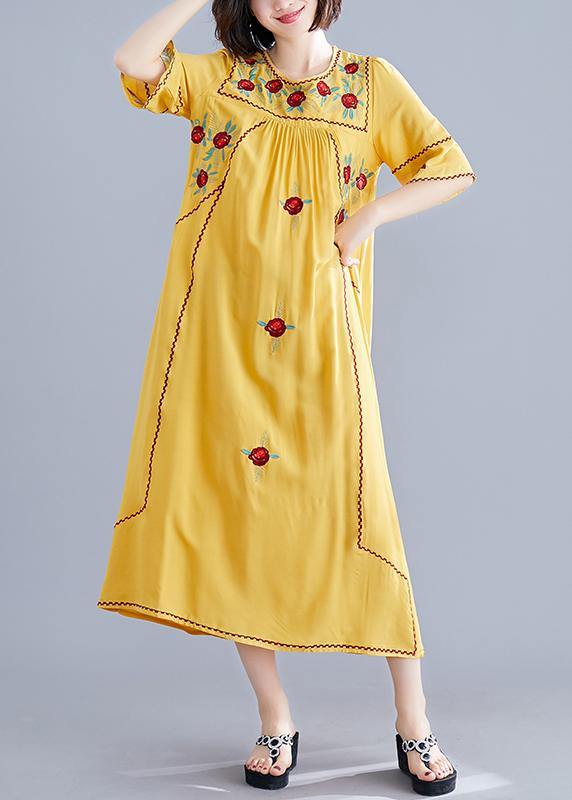 Women o neck Cinched cotton linen Robes Fabrics yellow embroidery Dresses summer - SooLinen