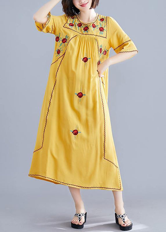 Women o neck Cinched cotton linen Robes Fabrics yellow embroidery Dresses summer - SooLinen