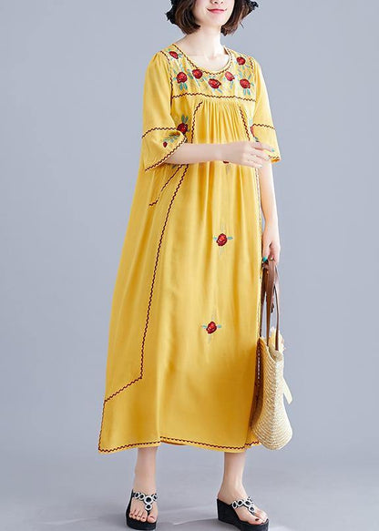 Women o neck Cinched cotton linen Robes Fabrics yellow embroidery Dresses summer - SooLinen