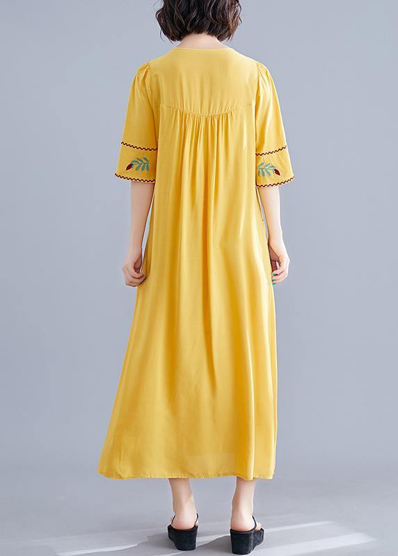 Women o neck Cinched cotton linen Robes Fabrics yellow embroidery Dresses summer - SooLinen