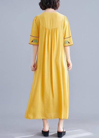 Women o neck Cinched cotton linen Robes Fabrics yellow embroidery Dresses summer - SooLinen