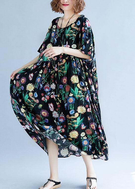 Women o neck Cinched cotton linen summer outfit Tutorials black print Dress - SooLinen