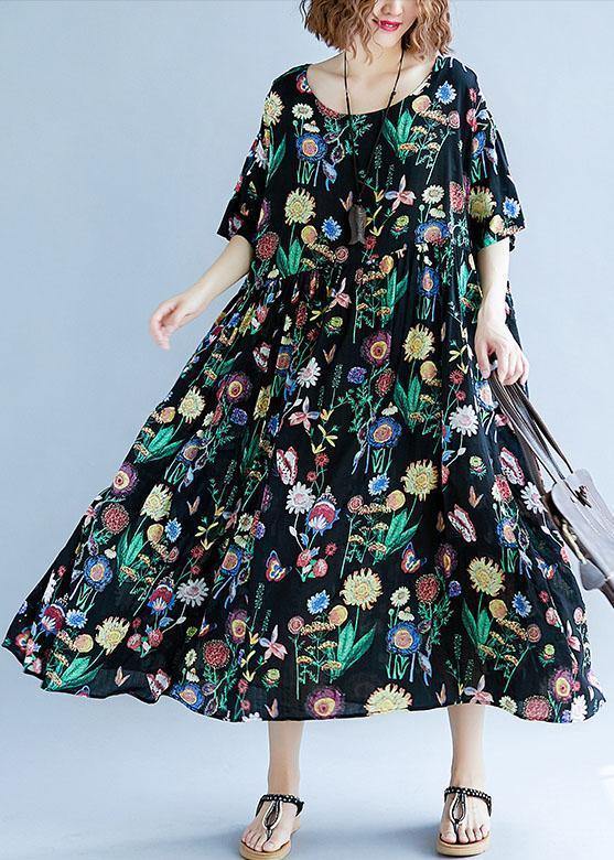 Women o neck Cinched cotton linen summer outfit Tutorials black print Dress - SooLinen