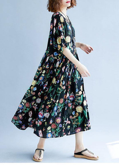 Women o neck Cinched cotton linen summer outfit Tutorials black print Dress - SooLinen