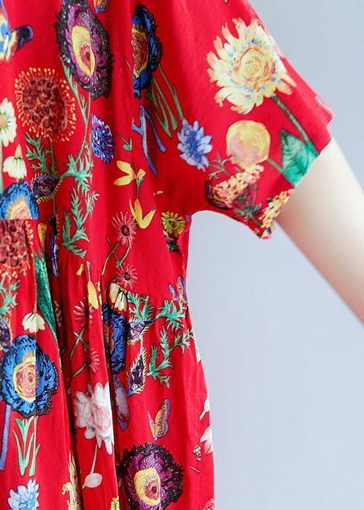 Women o neck Cinched cotton linen summer outfit Tutorials black print Dress - SooLinen