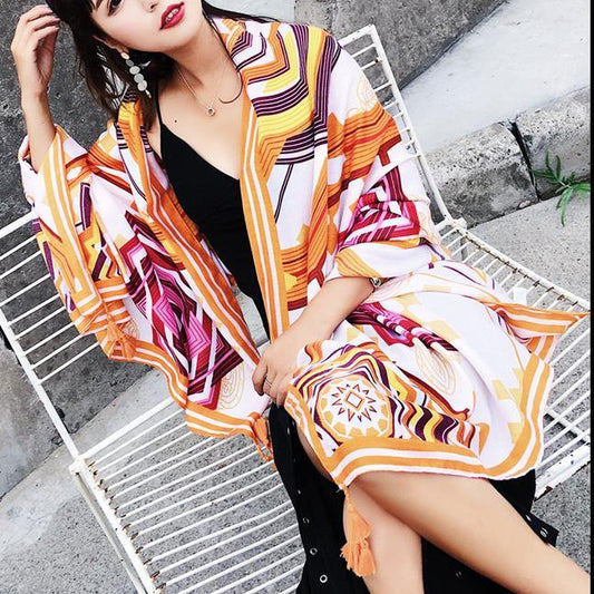 Women orange print Vintage Soolinen Seaside Vacation Printed Tassel Sunscreen Scarf - SooLinen