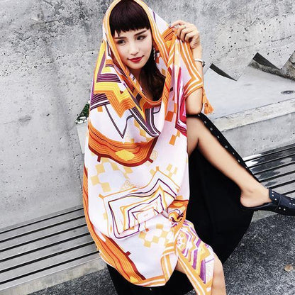 Women orange print Vintage Soolinen Seaside Vacation Printed Tassel Sunscreen Scarf - SooLinen