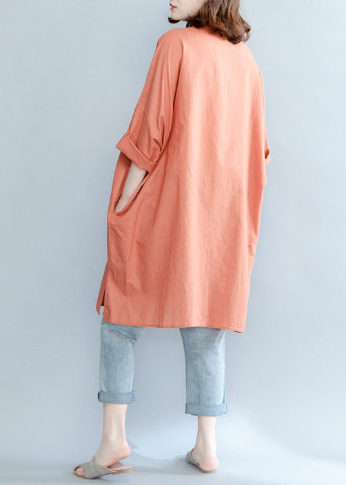 Damen orangerote Leinenkranich-Tops Plus Size Tutorials Reversstickerei Sommerhemd