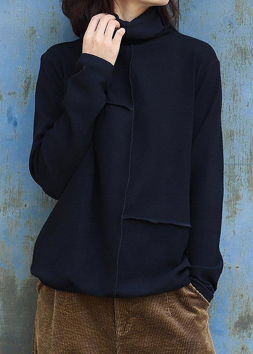 Women patchwork cotton high neck linen tops women blouses Work black tops - SooLinen
