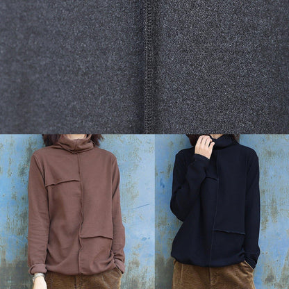 Women patchwork cotton high neck linen tops women blouses Work black tops - SooLinen