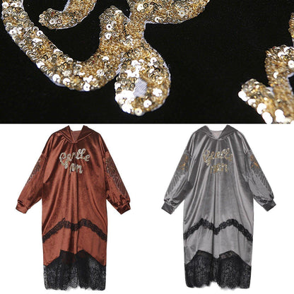 Women patchwork lace alphabet pattern Catwalk black hooded Maxi Dress - SooLinen