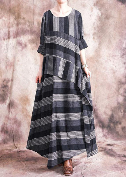 Women patchwork linen clothes Sewing gray striped Dress fall - SooLinen