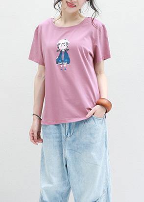 Women pink cotton crane tops prints tunic summer shirts - SooLinen