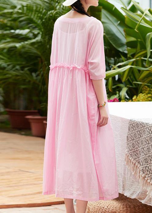 Women pink cotton linen Robes o neck patchwork A Line summer Dresses - SooLinen