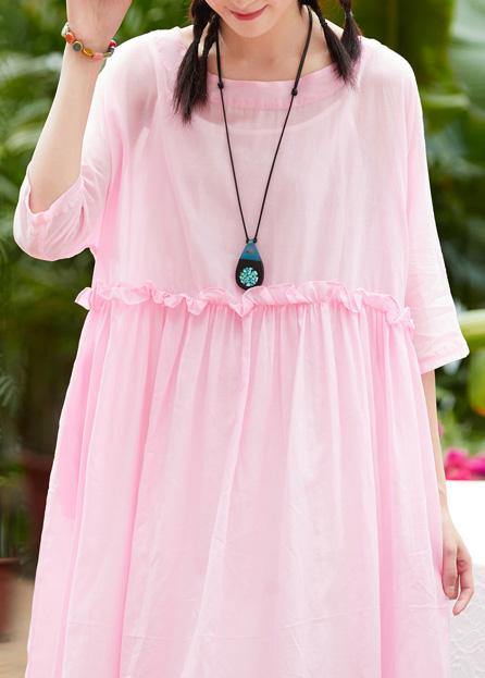 Women pink cotton linen Robes o neck patchwork A Line summer Dresses - SooLinen
