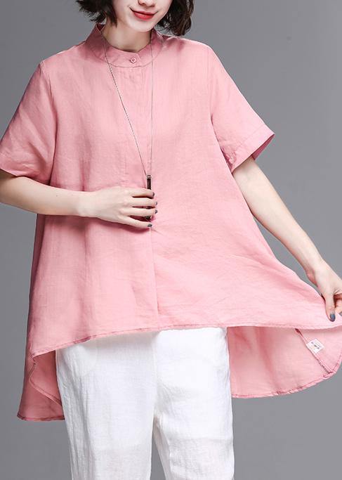 Women pink cotton linen clothes Work stand collar asymmetric summer tops - SooLinen