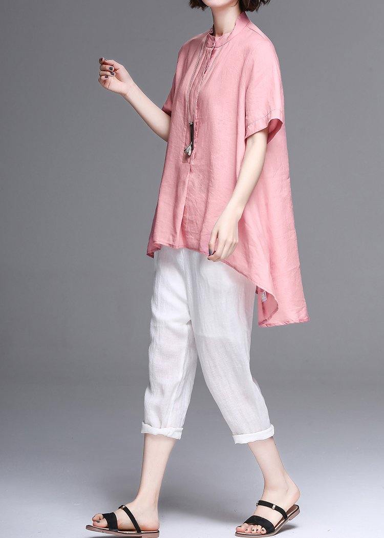 Women pink cotton linen clothes Work stand collar asymmetric summer tops - SooLinen