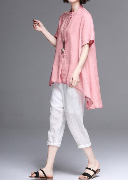 Women pink cotton linen clothes Work stand collar asymmetric summer tops - SooLinen