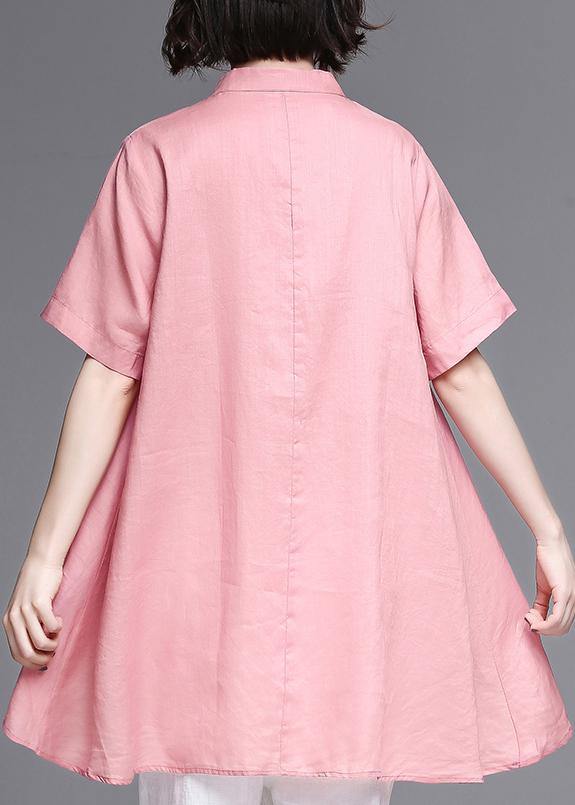 Women pink cotton linen clothes Work stand collar asymmetric summer tops - SooLinen