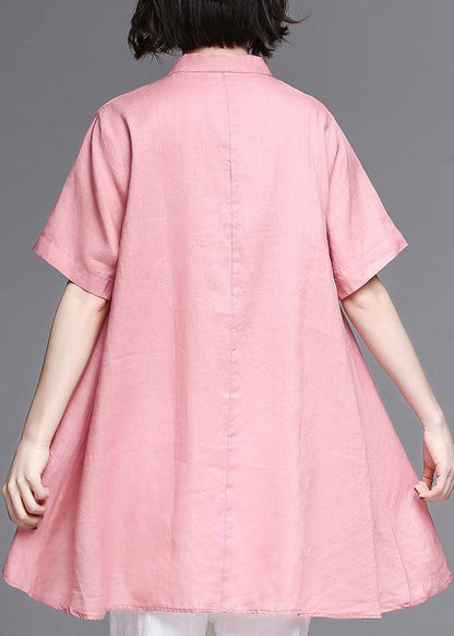 Women pink cotton linen clothes Work stand collar asymmetric summer tops - SooLinen