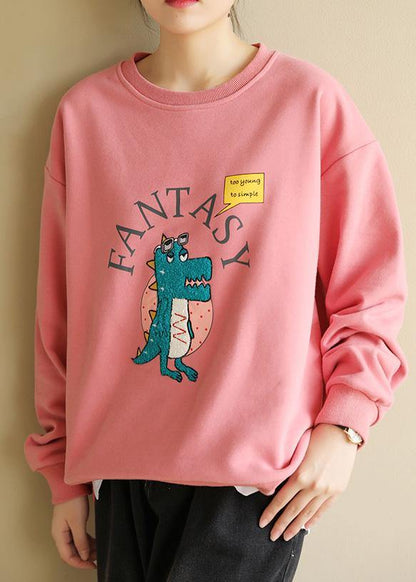 Women pink cotton linen tops women blouses Cartoon print Dresses o neck blouse - SooLinen