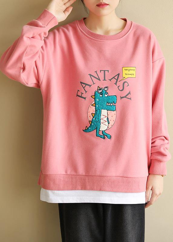 Women pink cotton linen tops women blouses Cartoon print Dresses o neck blouse - SooLinen