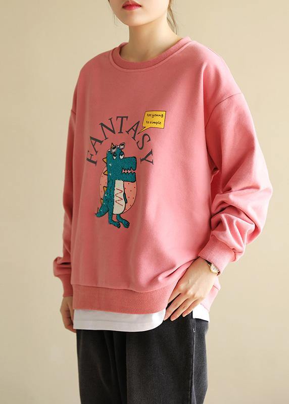 Women pink cotton linen tops women blouses Cartoon print Dresses o neck blouse - SooLinen