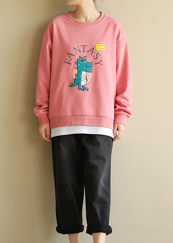 Women pink cotton linen tops women blouses Cartoon print Dresses o neck blouse - SooLinen