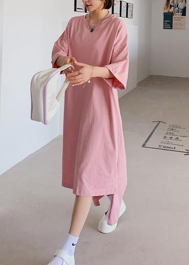 Women pink dress o neck low high design Dresses summer Dress - SooLinen