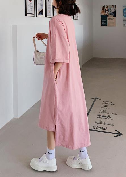 Women pink dress o neck low high design Dresses summer Dress - SooLinen