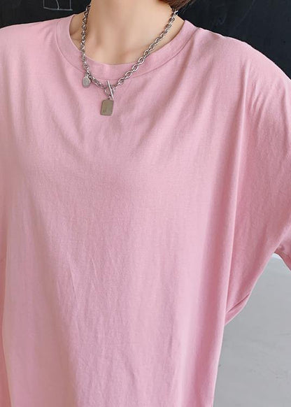 Women pink dress o neck low high design Dresses summer Dress - SooLinen