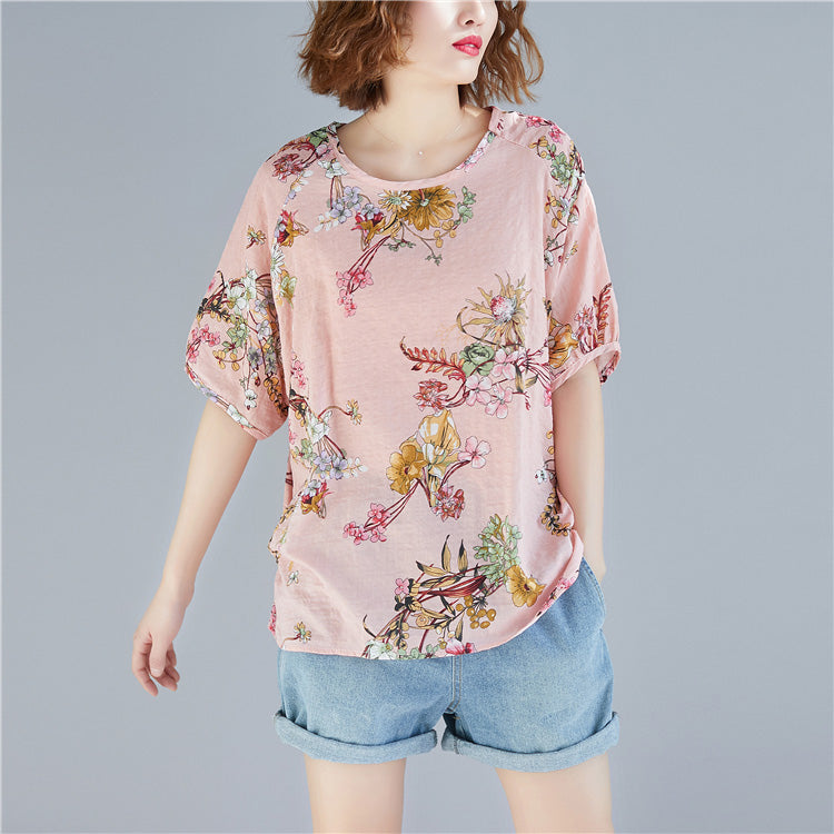 Rosa Leinentop mit Blumenmuster für Damen, Plus-Size-Outfits, Rundhalsausschnitt, taillierte Tops
